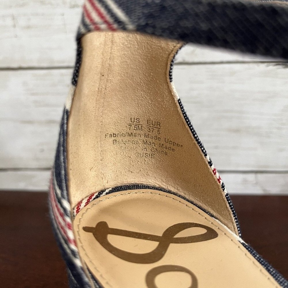 Sam Edelman Women's Denim Stripe Susie Ankle Buckle Heels 7.5 M Red White Blue - Picture 9 of 11
